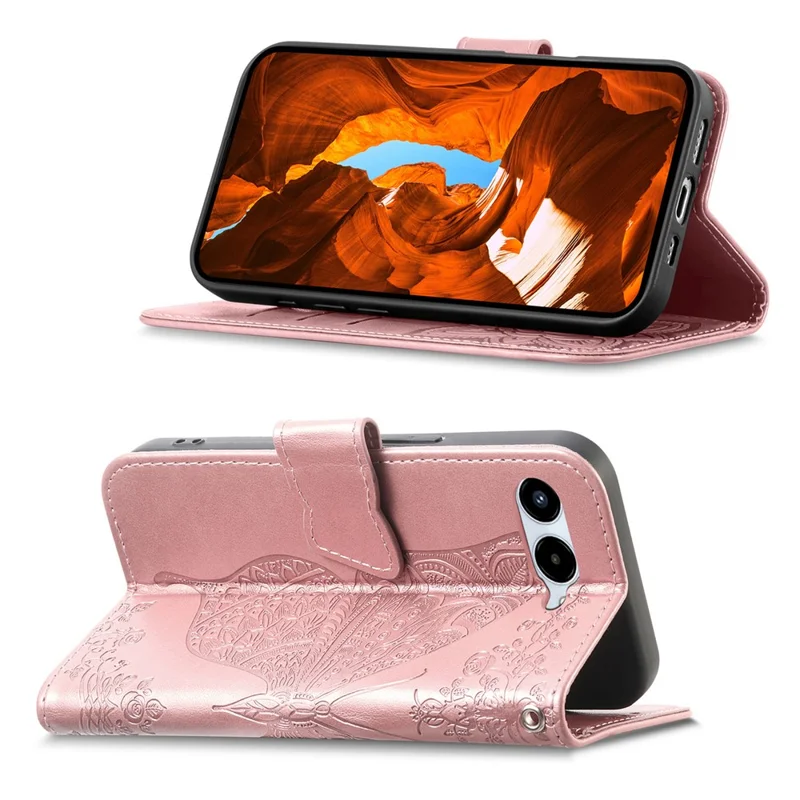 For T-Mobile REVVL 8 Case with Strap Butterfly Pattern PU Leather Wallet Phone Cover - Rose Gold