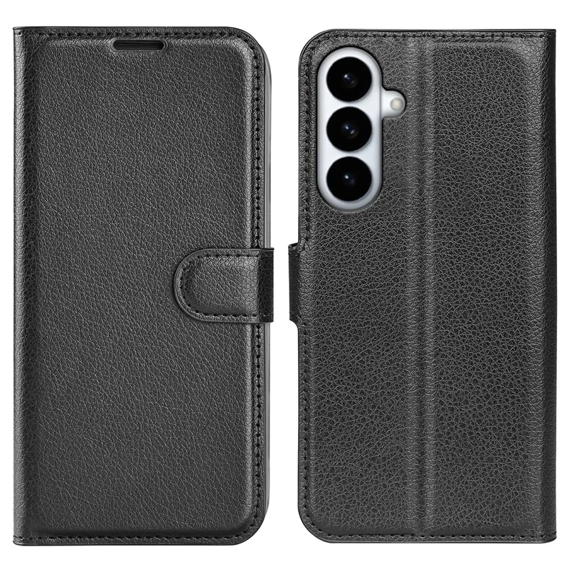 For Samsung Galaxy S26+ Case Wallet Stand Litchi Texture Shockproof Leather Phone Cover - Black