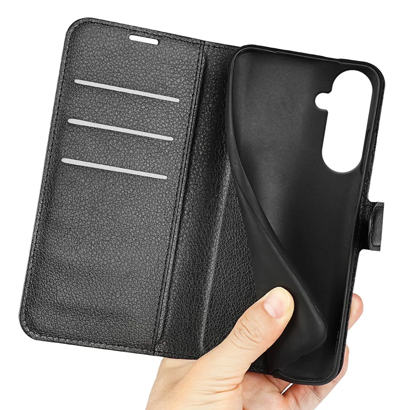 For Samsung Galaxy S26+ Case Wallet Stand Litchi Texture Shockproof Leather Phone Cover - Black