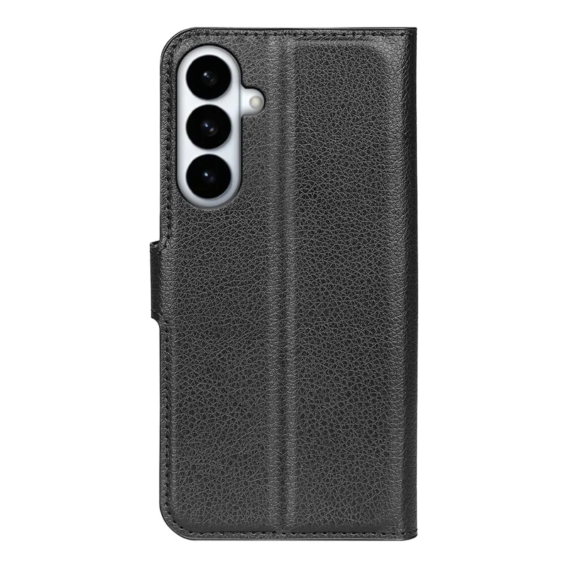 For Samsung Galaxy S26+ Case Wallet Stand Litchi Texture Shockproof Leather Phone Cover - Black