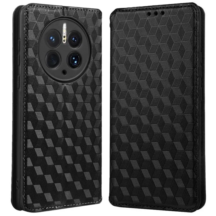 Para Huawei Mate 50 Pro 4G Design Design Rombus Patrón de Rombo Impreso Case de Cuero de PU Soportes Magnetic Absorción Magnética Cubierta de Teléfono - Negro