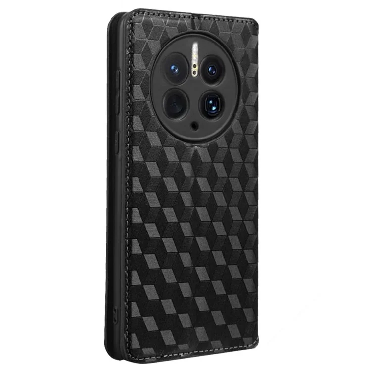 Para Huawei Mate 50 Pro 4G Design Design Rombus Patrón de Rombo Impreso Case de Cuero de PU Soportes Magnetic Absorción Magnética Cubierta de Teléfono - Negro