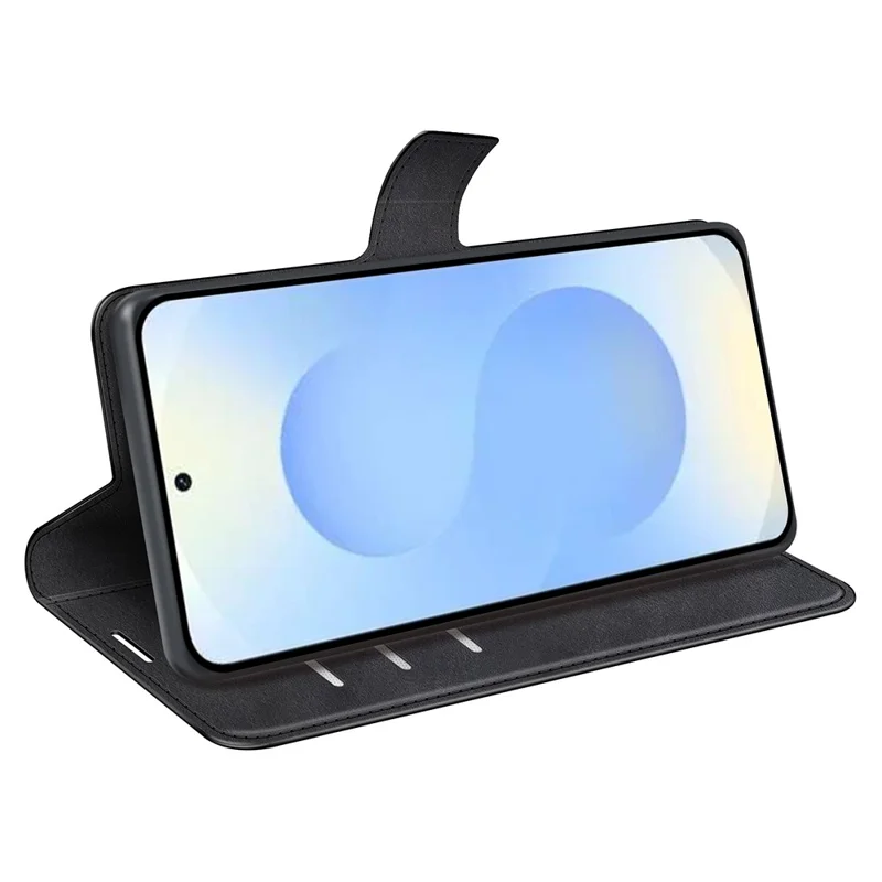 For Samsung Galaxy S26+ Stand Case Anti-Scratch Calf Texture Leather Phone Cover - Black