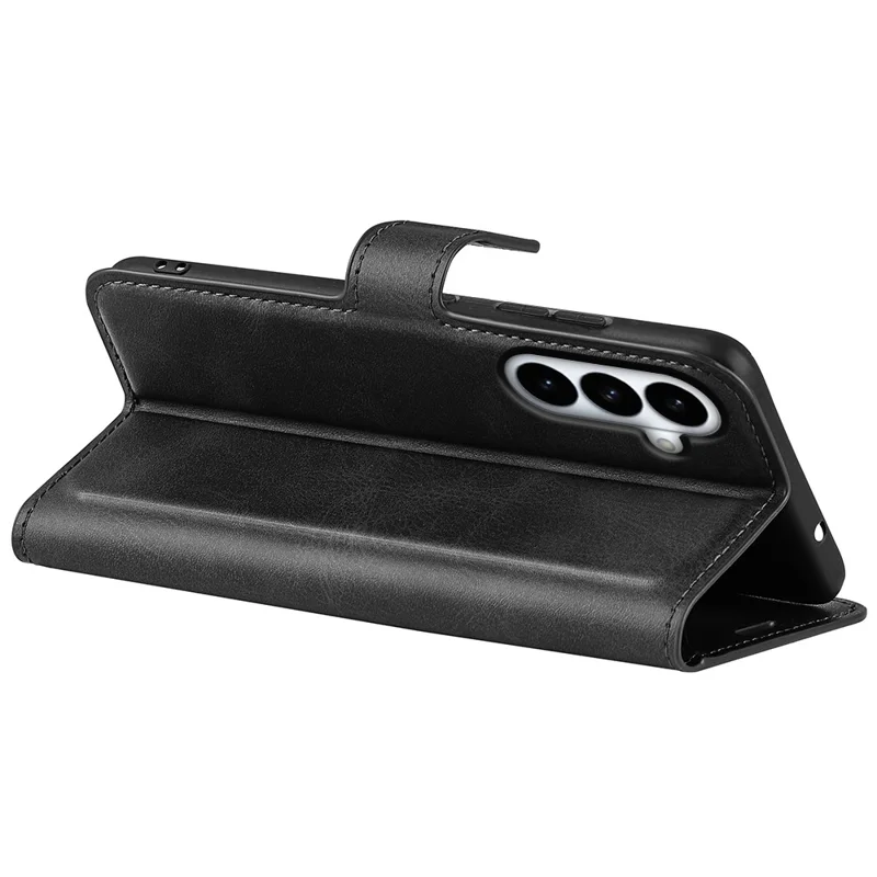 For Samsung Galaxy S26+ Stand Case Anti-Scratch Calf Texture Leather Phone Cover - Black