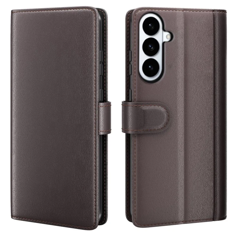 For Samsung Galaxy S26+ Case Genuine Split Leather Phone Cover with Wallet Stand - Brown