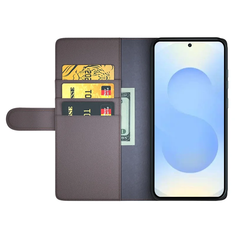 For Samsung Galaxy S26+ Case Genuine Split Leather Phone Cover with Wallet Stand - Brown