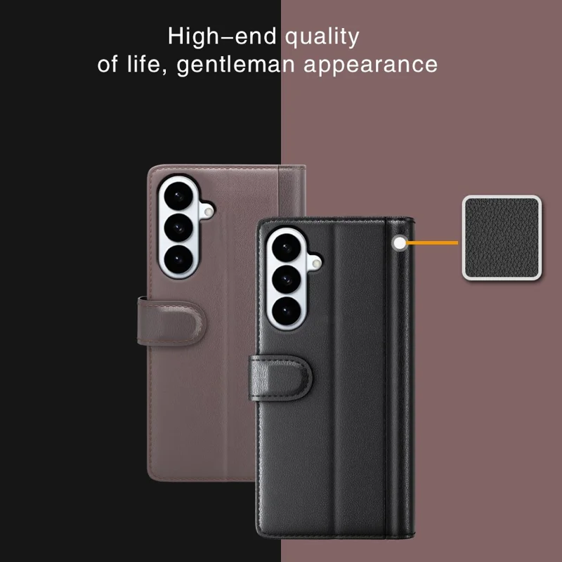 For Samsung Galaxy S26+ Case Genuine Split Leather Phone Cover with Wallet Stand - Brown