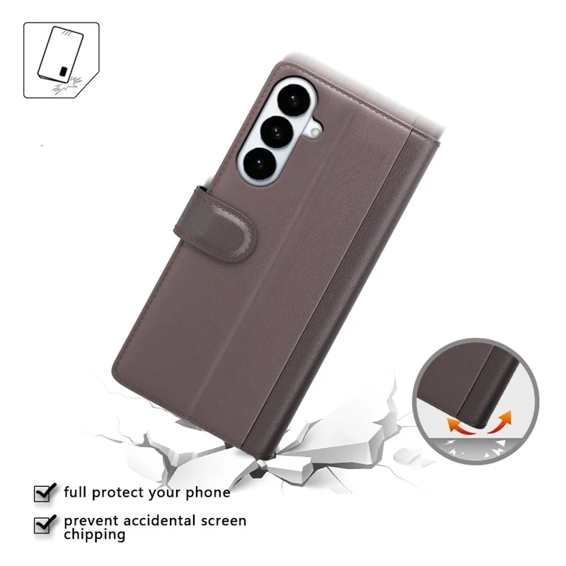 For Samsung Galaxy S26+ Case Genuine Split Leather Phone Cover with Wallet Stand - Brown