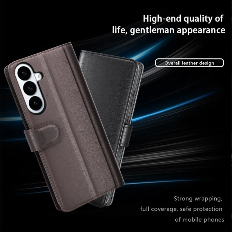 For Samsung Galaxy S26+ Case Genuine Split Leather Phone Cover with Wallet Stand - Brown