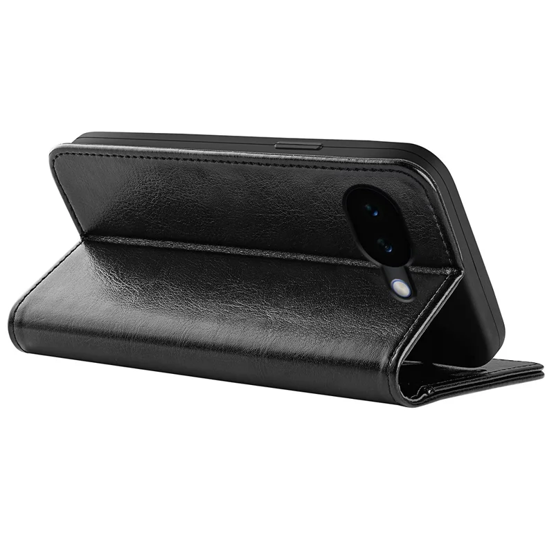 For Google Pixel 10a Case Crazy Horse Texture Stand Leather Phone Cover - Black