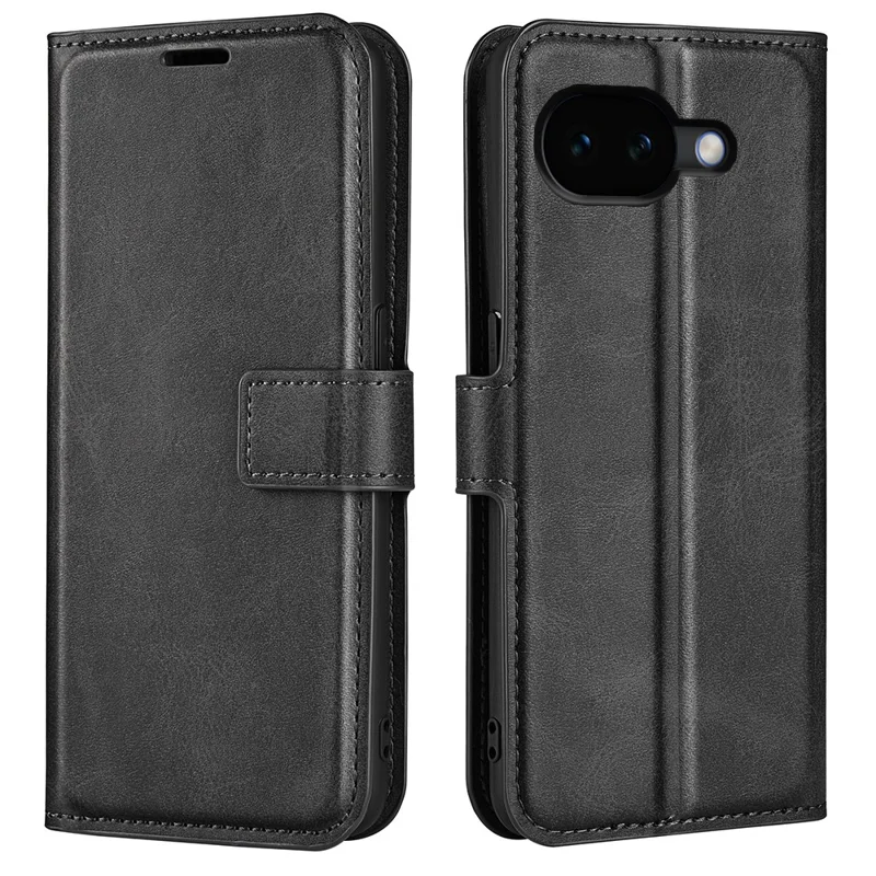 For Google Pixel 10a Stand Case Anti-Scratch Calf Texture Leather Phone Cover - Black