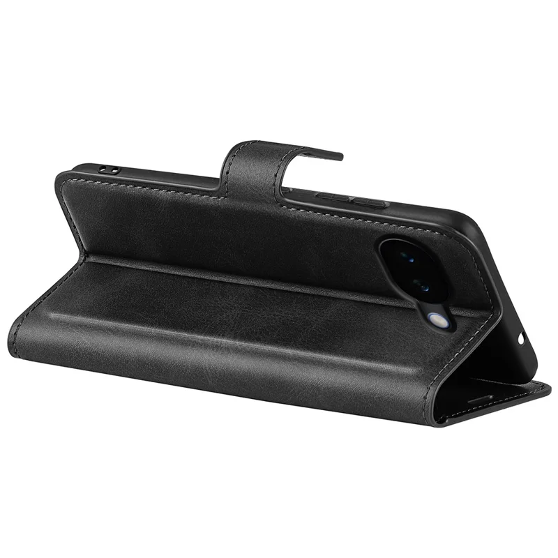 For Google Pixel 10a Stand Case Anti-Scratch Calf Texture Leather Phone Cover - Black