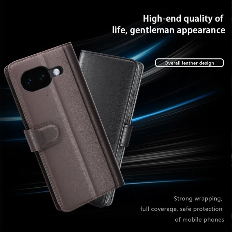 For Google Pixel 10a Case Genuine Split Leather Phone Cover with Wallet Stand - Brown