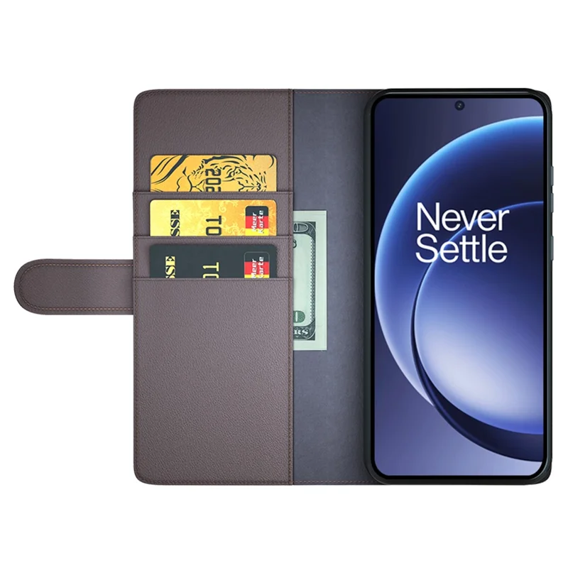 For OnePlus 15 5G Case Genuine Split Leather Phone Cover with Wallet Stand - Brown