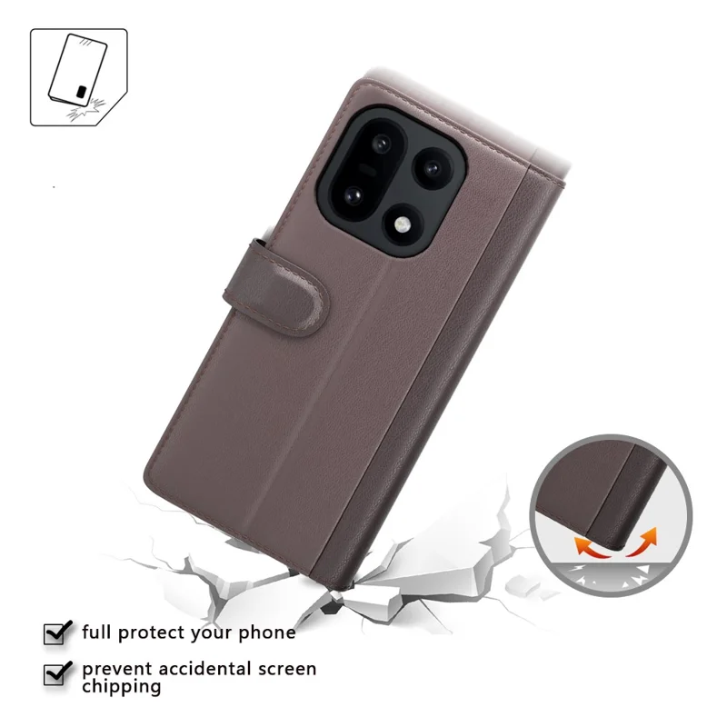 For OnePlus 15 5G Case Genuine Split Leather Phone Cover with Wallet Stand - Brown