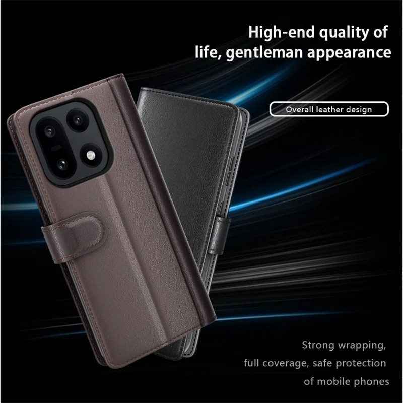 For OnePlus 15 5G Case Genuine Split Leather Phone Cover with Wallet Stand - Brown