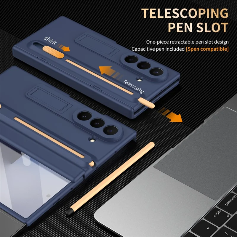 For Samsung Galaxy Z TriFold 5G Kickstand Phone Case with Tempered Glass Screen Protector and Stylus Pen - Sapphire