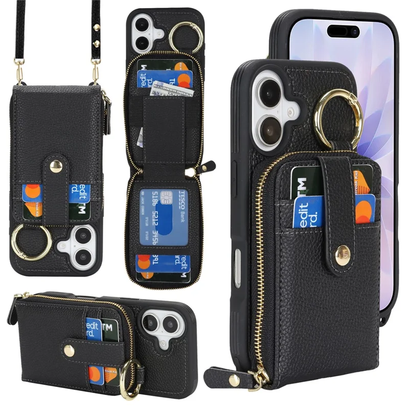 For iPhone 17 Case with Zipper Pouch  /  Ring Kickstand  /  Strap Litchi Texture PU + TPU Phone Cover - Black