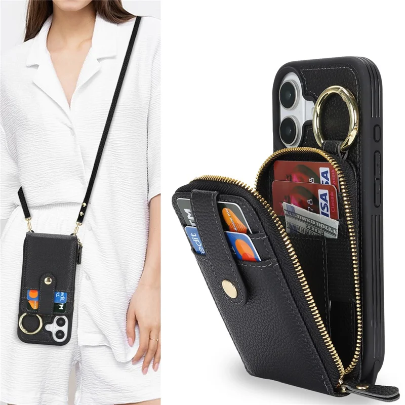 For iPhone 17 Case with Zipper Pouch  /  Ring Kickstand  /  Strap Litchi Texture PU + TPU Phone Cover - Black