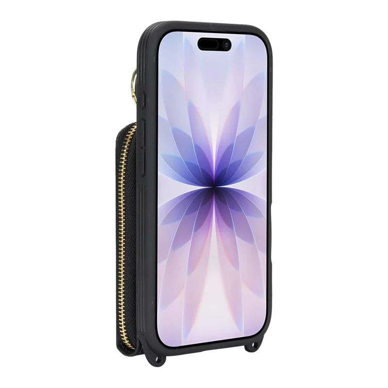 For iPhone 17 Case with Zipper Pouch  /  Ring Kickstand  /  Strap Litchi Texture PU + TPU Phone Cover - Black