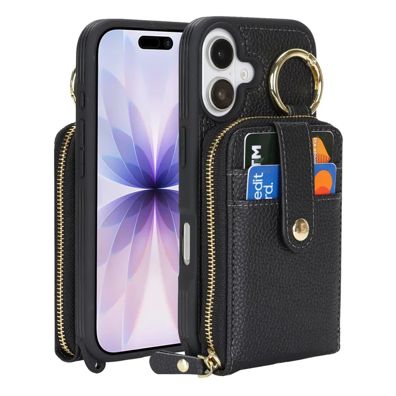 For iPhone 17 Case with Zipper Pouch  /  Ring Kickstand  /  Strap Litchi Texture PU + TPU Phone Cover - Black