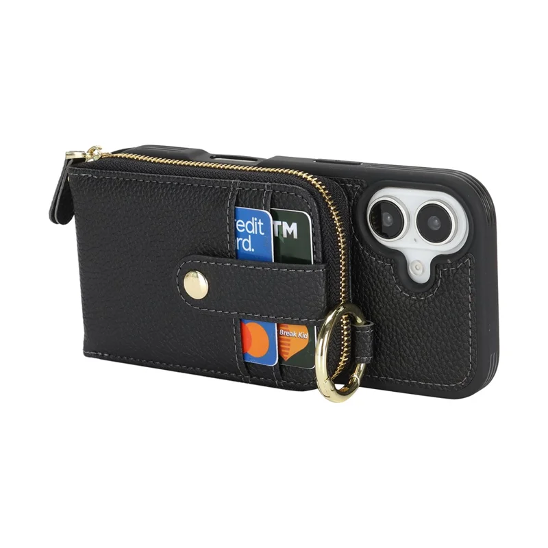 For iPhone 17 Case with Zipper Pouch  /  Ring Kickstand  /  Strap Litchi Texture PU + TPU Phone Cover - Black