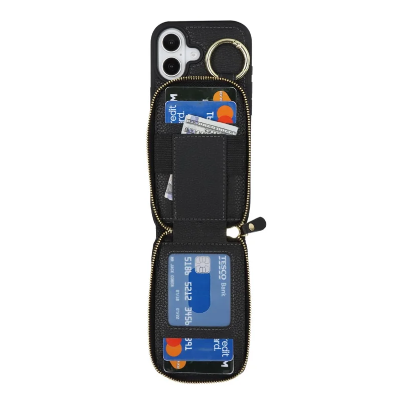 For iPhone 17 Case with Zipper Pouch  /  Ring Kickstand  /  Strap Litchi Texture PU + TPU Phone Cover - Black