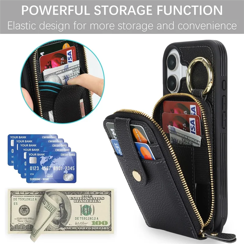 For iPhone 17 Case with Zipper Pouch  /  Ring Kickstand  /  Strap Litchi Texture PU + TPU Phone Cover - Black