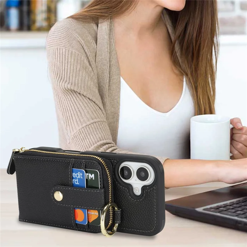 For iPhone 17 Case with Zipper Pouch  /  Ring Kickstand  /  Strap Litchi Texture PU + TPU Phone Cover - Black