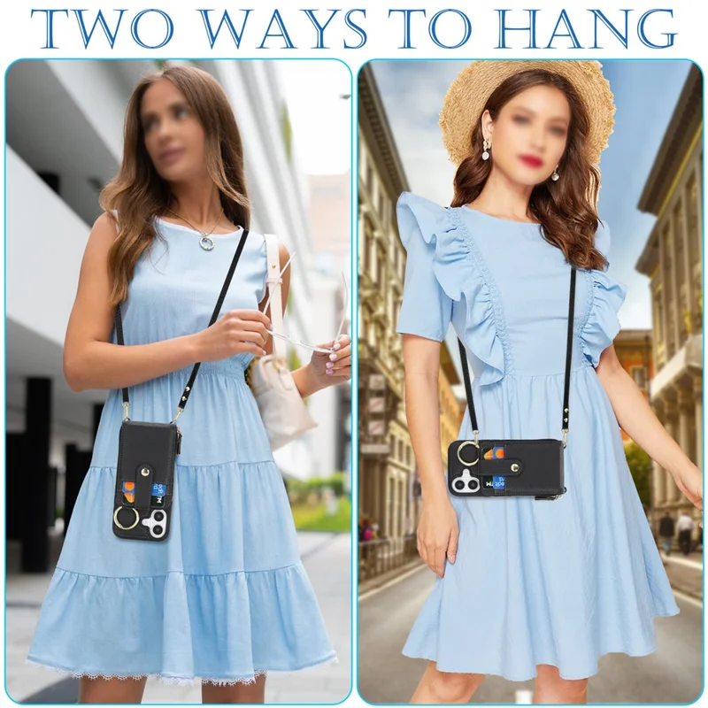 For iPhone 17 Case with Zipper Pouch  /  Ring Kickstand  /  Strap Litchi Texture PU + TPU Phone Cover - Black