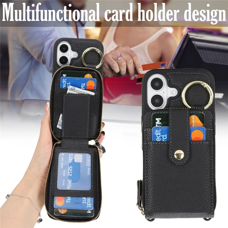 For iPhone 17 Case with Zipper Pouch  /  Ring Kickstand  /  Strap Litchi Texture PU + TPU Phone Cover - Black