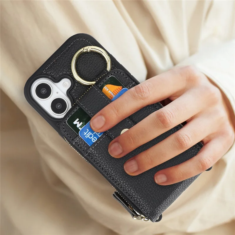 For iPhone 17 Case with Zipper Pouch  /  Ring Kickstand  /  Strap Litchi Texture PU + TPU Phone Cover - Black