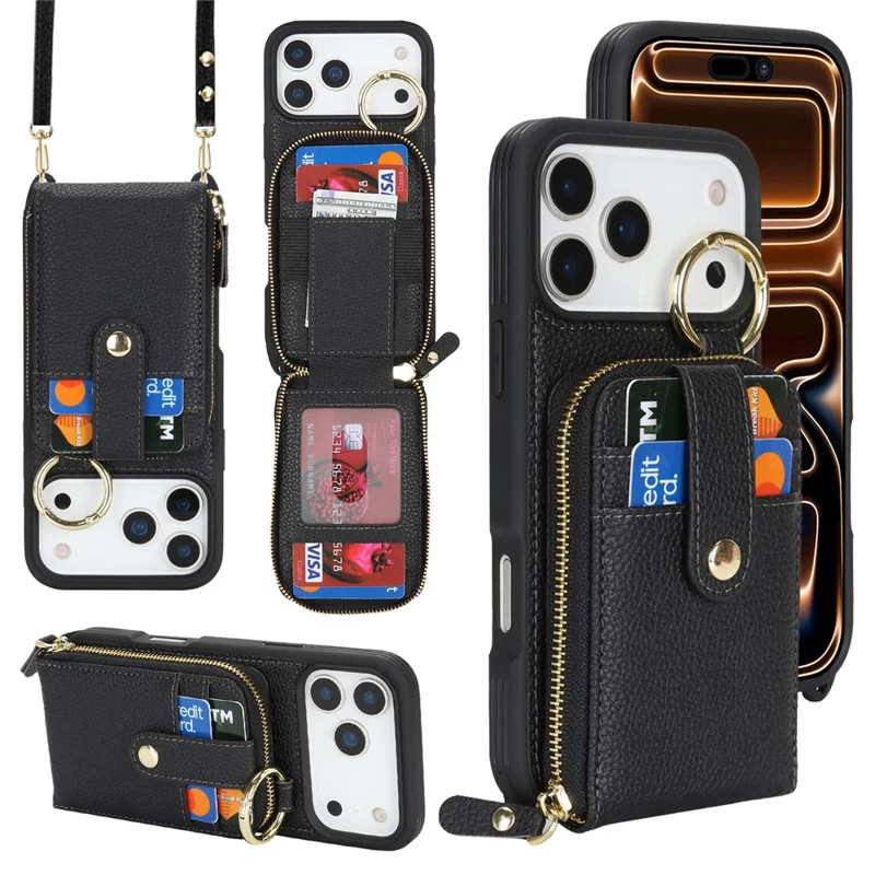 For iPhone 17 Pro Max Case with Zipper Pouch  /  Ring Kickstand  /  Strap Litchi Texture PU + TPU Phone Cover - Black