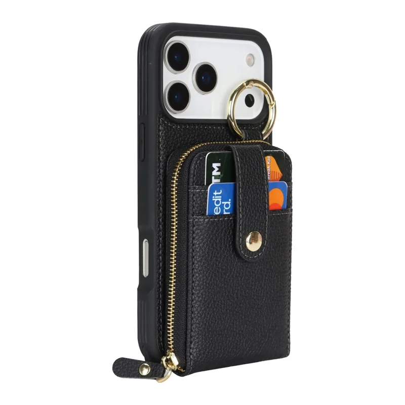 For iPhone 17 Pro Max Case with Zipper Pouch  /  Ring Kickstand  /  Strap Litchi Texture PU + TPU Phone Cover - Black