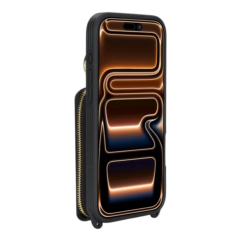 For iPhone 17 Pro Max Case with Zipper Pouch  /  Ring Kickstand  /  Strap Litchi Texture PU + TPU Phone Cover - Black