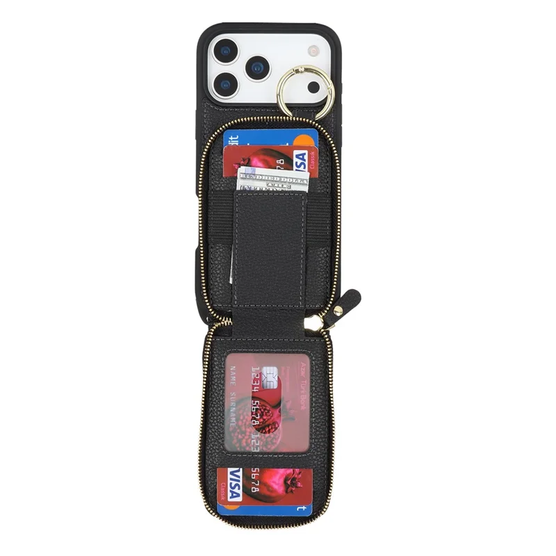For iPhone 17 Pro Max Case with Zipper Pouch  /  Ring Kickstand  /  Strap Litchi Texture PU + TPU Phone Cover - Black