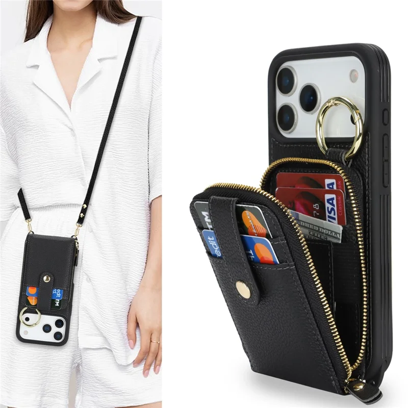 For iPhone 17 Pro Case with Zipper Pouch  /  Ring Kickstand  /  Strap Litchi Texture PU + TPU Phone Cover - Black