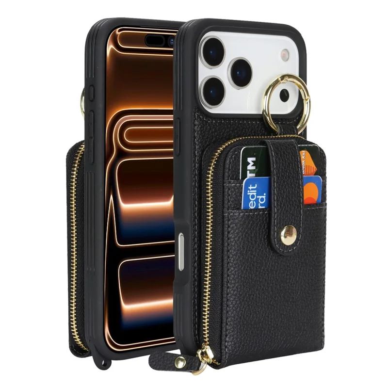 For iPhone 17 Pro Case with Zipper Pouch  /  Ring Kickstand  /  Strap Litchi Texture PU + TPU Phone Cover - Black