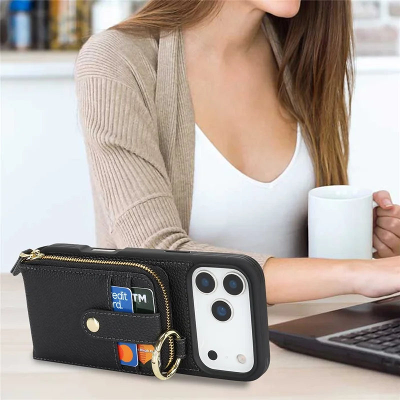 For iPhone 17 Pro Case with Zipper Pouch  /  Ring Kickstand  /  Strap Litchi Texture PU + TPU Phone Cover - Black