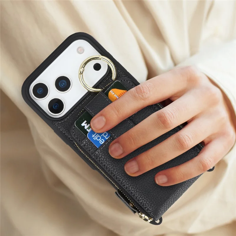 For iPhone 17 Pro Case with Zipper Pouch  /  Ring Kickstand  /  Strap Litchi Texture PU + TPU Phone Cover - Black