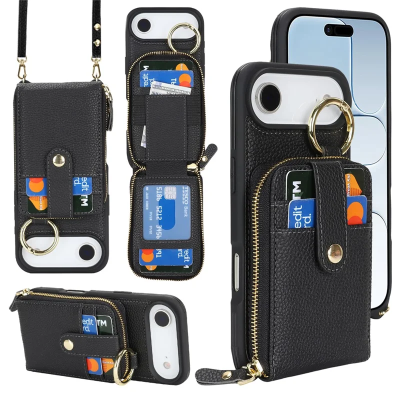 For iPhone Air Case with Zipper Pouch  /  Ring Kickstand  /  Strap Litchi Texture PU + TPU Phone Cover - Black
