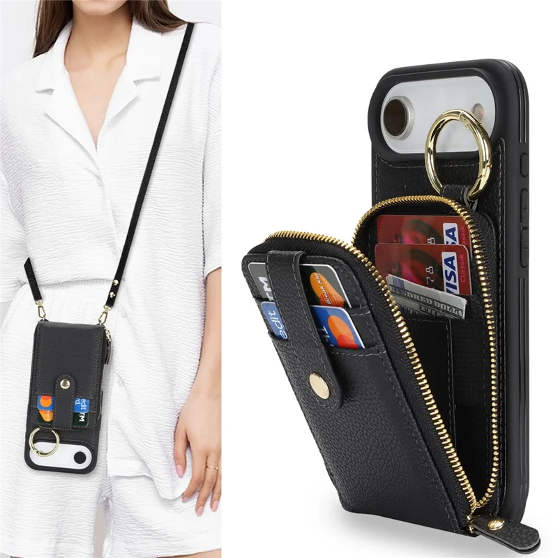 For iPhone Air Case with Zipper Pouch  /  Ring Kickstand  /  Strap Litchi Texture PU + TPU Phone Cover - Black