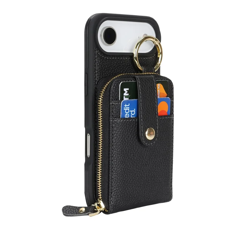 For iPhone Air Case with Zipper Pouch  /  Ring Kickstand  /  Strap Litchi Texture PU + TPU Phone Cover - Black