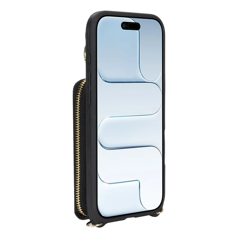 For iPhone Air Case with Zipper Pouch  /  Ring Kickstand  /  Strap Litchi Texture PU + TPU Phone Cover - Black