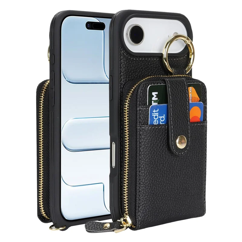 For iPhone Air Case with Zipper Pouch  /  Ring Kickstand  /  Strap Litchi Texture PU + TPU Phone Cover - Black