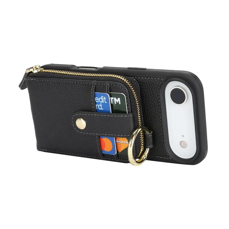 For iPhone Air Case with Zipper Pouch  /  Ring Kickstand  /  Strap Litchi Texture PU + TPU Phone Cover - Black