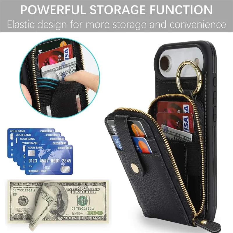 For iPhone Air Case with Zipper Pouch  /  Ring Kickstand  /  Strap Litchi Texture PU + TPU Phone Cover - Black