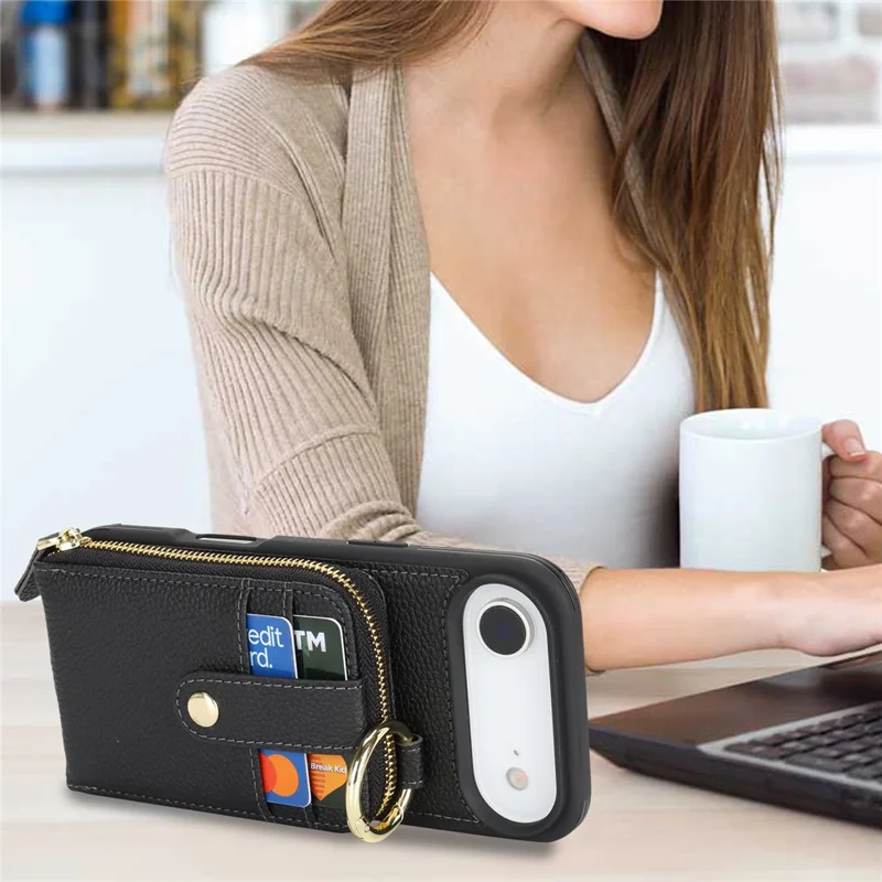 For iPhone Air Case with Zipper Pouch  /  Ring Kickstand  /  Strap Litchi Texture PU + TPU Phone Cover - Black