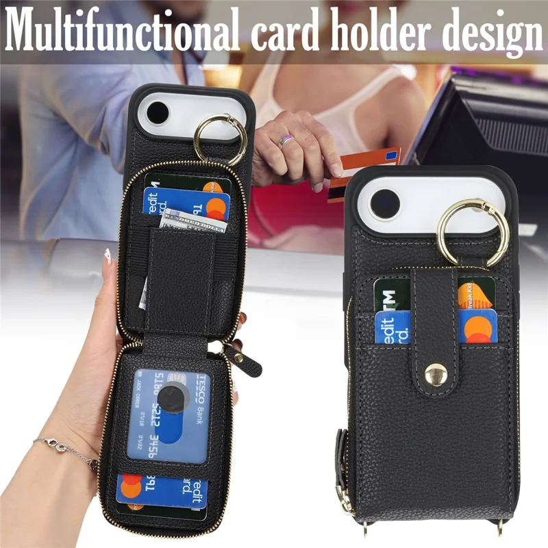 For iPhone Air Case with Zipper Pouch  /  Ring Kickstand  /  Strap Litchi Texture PU + TPU Phone Cover - Black