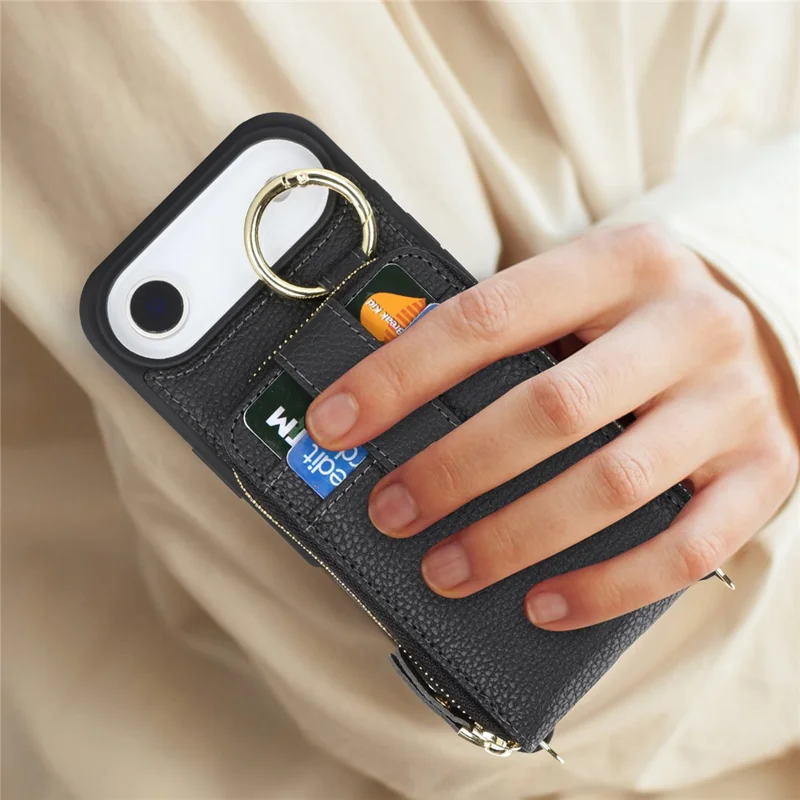 For iPhone Air Case with Zipper Pouch  /  Ring Kickstand  /  Strap Litchi Texture PU + TPU Phone Cover - Black